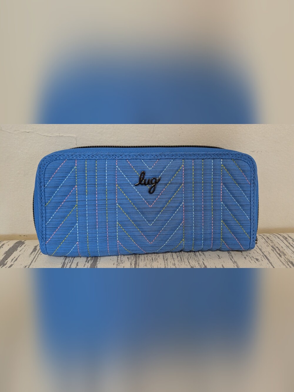 Lug Straddle RFID Wallet Blue with Rainbow Stitching Like New